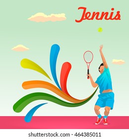 Tennis player delivers pitch at the Summer Games. Rio, Brazil . Vector , illustration, . EPS 10.
