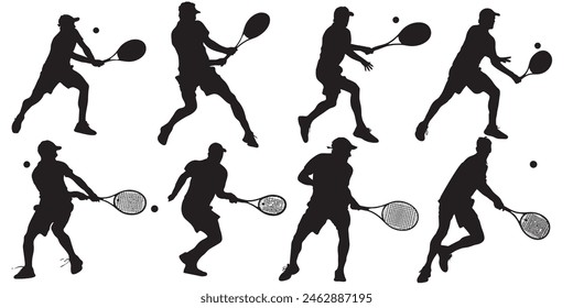 Tennisspieler macht verschiedene Aufnahmen Silhouetten-Set