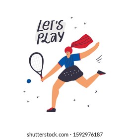Tennis player exercising hand drawn vector illustration. Sportswoman with handwritten lettering composition. Female athlete playing racquet sport flat character. Girl hitting tennisball
