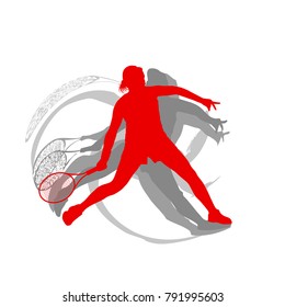 Tennis player female vector abstract background motion concept in red isolated on white