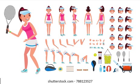 Vectora Femenina Jugadora De Tenis. Conjunto de creación de caracteres animados. Chica Jugadora De Tenis, Mujer. Longitud completa, Parte delantera, Parte trasera, Accesorios, Emociones faciales, Gestos. Ilustración de dibujos planos aislados