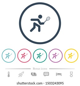Tennis player flat color icons in round outlines. 6 bonus icons included.
