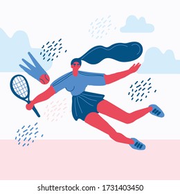 Tennis player flat hand drawn illustration. Tennis girl with racket cartoon character. Professional athlete. Young girl in T-shirt.