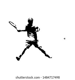 Tennis player forehand shot, isolated vector silhouette. Comic ink drawing