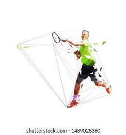 Tennisspieler-Vorhand-Aufnahme, einzelne Low-Poly-Vektorgrafik. Tennisschläger, geometrische Zeichnung