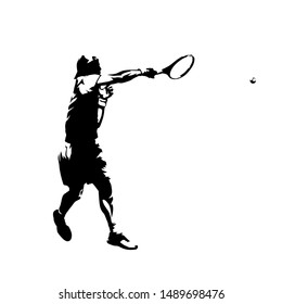 Tennis player forehand shot, isolated vector silhouette. Comic ink drawing