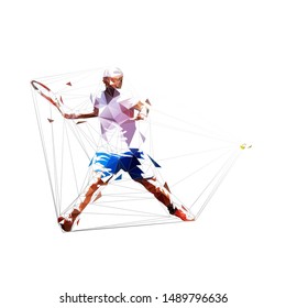 Tennis player forehand shot, isolated low polygonal vector illustration. Tennis smash, geometris drawing