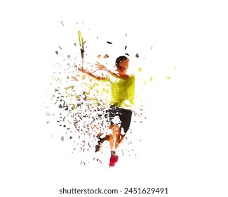 Tennisspieler, Vorhandschuss, isolierte Low-Poly-Vektorillustration mit Splittereffekt