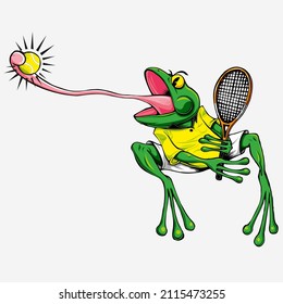 Tennis player frog catching a tennis ball with his long tongue. Tennis concept mascot sportive illustration.