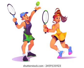 Tenis jugador chica y hombre Ilustración vectorial. Personas personaje en uniforme con raqueta golpeó la bola y corriendo. Estudiante de deporte escolar aislado ambientado en el entrenamiento para la competencia. Divertido juego de entrenamiento postura