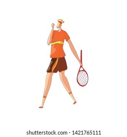 Tennis player goes and lowered the racket down. Vector illustration on white background.