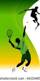 tennis player in green on a green background racket strikes the ball;