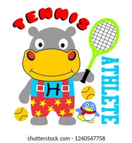 tennis player hippo cartoon vector illustration