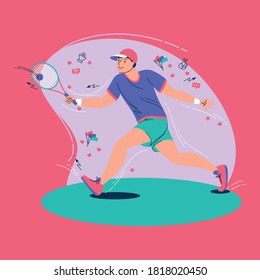 The tennis player hits the ball. Vector illustration, postcard, poster, banner.