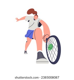 Jugador de tenis golpeando a la pelota con raqueta en la mano. Atleta femenina jugando a la corte. Deportista deportista profesional durante un partido de tenis. Ilustración vectorial plana aislada en fondo blanco