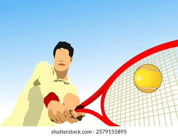 Tennis player hitting ball with red racket on blue sky background