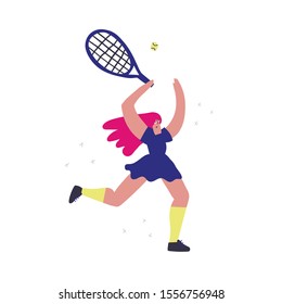 Tennis player hitting overhead hand drawn illustration. Young girl wearing stylish sportswear cartoon character. Athlete with racket and ball. Sport training concept. T shirt print design