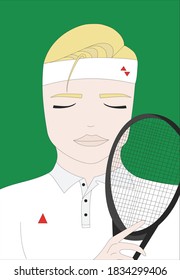 Tennis player holding one of his favourite rackets. Tennis player portrait vector illustration.