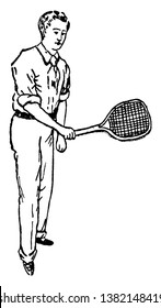 A tennis player is holding racket in his hand and showing correct position of backhand stroke, vintage line drawing or engraving illustration.