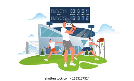 Tennis player holding a racket on tennis court. Tennis player training. Athlete on the stadium. Championship tournament. Isolated vector illustration in cartoon style