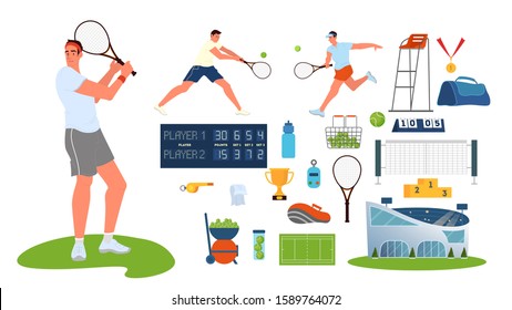 Tennis Player Holding A Racket On Tennis Court. Tennis Equipment Set. Stadium, Field, Racket, Ball. Sport Equipment. Isolated Vector Illustration In Cartoon Style