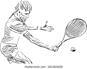 Tennis player holding rocket in hand hits the ball. Original hand drawing of dynamic game scene featuring playing man or woman on the subject of sport, leisure, recreation and healthy way of life.