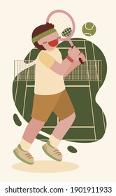 A tennis player holds a tennis racket in both hands and swings to hit the tennis ball. The athlete follows the flight of a ball with his eyes. Vector flat design