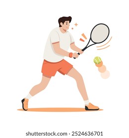 Ein Tennisspieler hält einen Tennisschläger in beiden Händen und schwingt, um den Tennisball zu treffen. Cartoon junger Mann, Athlet. Vektorgrafik, flach, einzeln auf weiß.