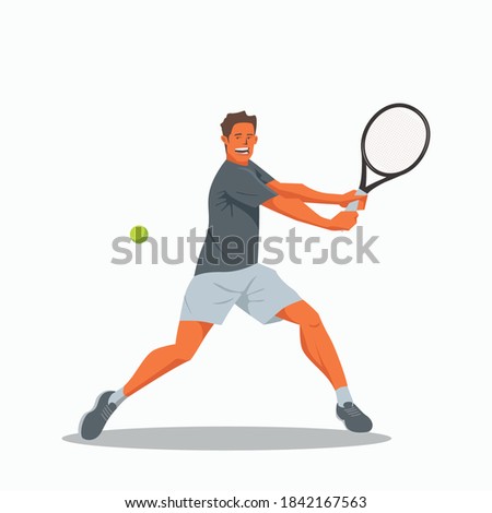 A tennis player holds a tennis racket in both hands and swings to hit the tennis ball. A young athlete performs a backhand. The athlete follows the flight of a ball with his eyes. Vector flat design 