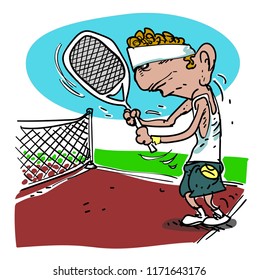 tennis player holds racket on the tennis court cartoon style vector illustration