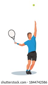A tennis player holds a tennis racket and serves a ball. The athlete follows the flight of a ball with his eyes. Vector flat design 
