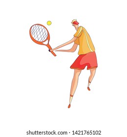 Tennis player holds the racket with two hands. Vector illustration on white background.