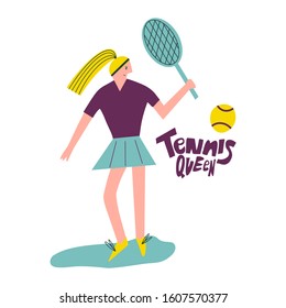 Tennis player holds a racket and wants to hit a ball. Young blond woman in a tennis sportswear is ready to play a game. Sport and motivation slogan. Inspirational quote. Sporty and active lifestyle.