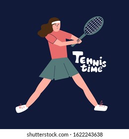 Tennis player holds a racket and wants to hit a ball. Young  woman in a tennis sportswear is ready to play a game. Sport and motivation slogan. Inspirational quote. Sporty and active lifestyle.