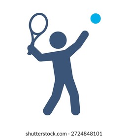 Tennis player icon blue flat vector design man hitting ball symbol racket sport game athletic match graphic element sign