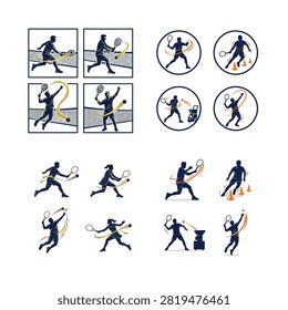Tennis player illustrations showing various serving and hitting techniques And, international sports event, multi sport competition, athletics championship, sports tournament, Commonwealth Games