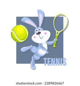 Tennisspieler einzeln. Vektorkaninchen mit Schläger, Tennisball spielen. Cute Cartoon-Hase. 