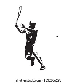 Tennis player isolated vector silhouette, abstract ink drawing of tennis athlete. Forehand. Individual summer sport, active people