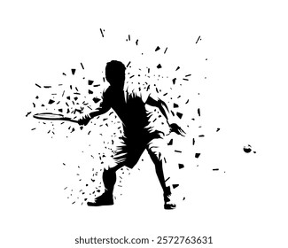 Tennis player, isolated vector silhouette with dispersion effect. Sports clip art