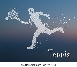 Tennis player kicks the ball on the blur background, square particle divergent composition, Tennis Player 2016 Summer Games.  Sport Infographic olympics Tennis Player Vector Illustration