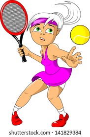 tennis player in a lilac dress with a red racket