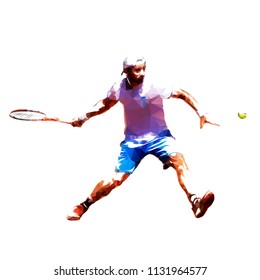 Tennis player low poly vector illustration. Isolated adult man in white shirt and blue shorts playing tennis. Individual summer sport. Active people