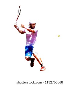 Tennis player low poly vector illustration. Isolated adult man in white shirt and blue shorts playing tennis. Individual summer sport. Active people