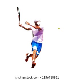 Tennis player low poly vector illustration. Isolated adult man in white shirt and blue shorts playing tennis. Individual summer sport. Active people