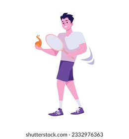 Tennis player male character in full length with racket and ball, flat vector illustration isolated on white background. Man playing tennis or taking part in competition.