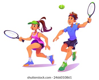 Tennis player male and female character with racket and ball. Cartoon vector illustration set of man and woman training or playing on tournament with racquet. Sport athlete activity and exercise.