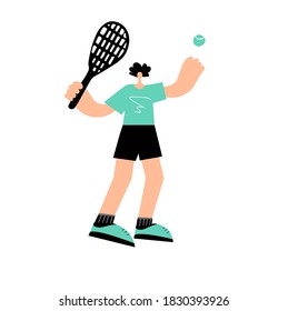 Tennis player man hitting ball with racket.A doodle male athlete doing sport.Vector illustration isolated on white background.