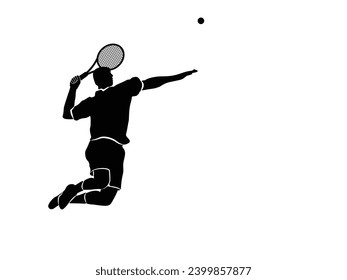 A tennis player man silhouette sports person design element. The athlete playing tennis with racket and ball. Drawing art illustration of male tennis player. Tenis player vector.