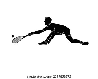 A tennis player man silhouette sports person design element. The athlete playing tennis with racket and ball. Drawing art illustration of male tennis player. Tenis player vector.
