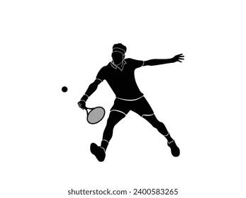 A tennis player man silhouette sports person design element. The athlete playing tennis with racket and ball. Drawing art illustration of male tennis player. Tenis player vector.